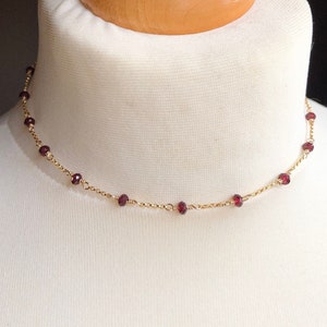 14k Gold Filled Dainty Garnet Choker Necklace Red Gemstones Handmade Beaded 15"-16" January Birthstone