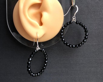 925 Silver Black Onyx Beaded Hoop Earrings Faceted Gemstones Handmade Unique 35mm