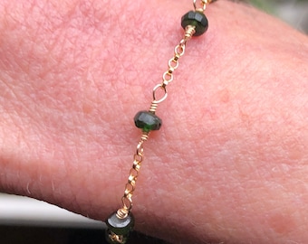 14ct Gold Filled Dark Green Tourmaline Gemstone Bracelet Handmade Dainty May Birthstone