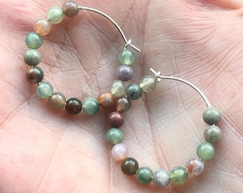 925 Silver Agate Gemstone Hoop Earrings Multi-colour 25mm Handmade Unique Beaded Pretty