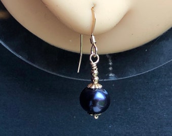 14k Gold Filled Blue/Black Cultured Pearl Dainty Dropper Earrings Handmade Unique Gemstone Beaded