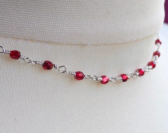 925 Silver Red Sparkly Glass Beaded Choker Necklace Dainty Handmade Unique 15" Bright Pretty