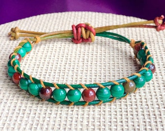 Multi Coloured Leather & Malachite Gemstone Beaded Bracelet Green Handmade Unique Stacker Unisex