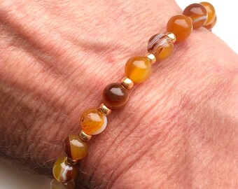 Stretch Banded Agate & Seed Bead Gemstone Beaded Bracelet Honey Colours Handmade Stacker
