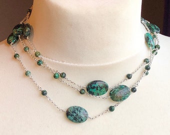 925 Silver Turquoise Jasper Gemstone Necklace Very Long 52" Beaded Handmade Station Style