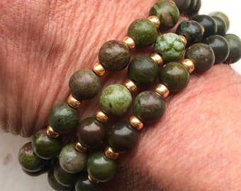 Green Jasper Stretch Bracelet: Earth Tone Seed Bead Gemstone Jewelry