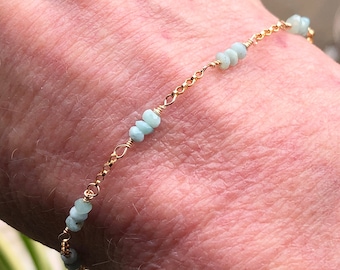 14ct Gold Filled Larimar Gemstone Bracelet Dainty Handmade Pale Blues Beaded Fine & Pretty