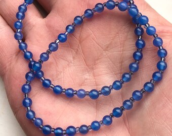 Stretchy Dainty Blue Agate & Seed Bead Gemstone Beaded Bracelet Handmade Stacker Colourful