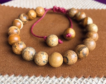 Picture Jasper Natural Stone Simple Beaded Bracelet Waxed Cotton Cord 8mm Beads Handmade Unique