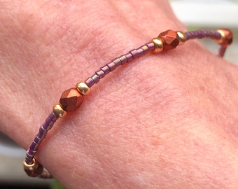 Dainty Iridescent Seed Bead Bracelet: Copper Czech Glass Stacker