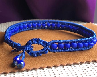Bright Blue Micro Macrame Beaded Bracelet Large Size Handmade Stacker Narrow Colourful