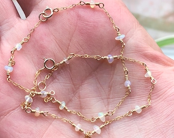 14k Gold Filled Opal Nuggets Dainty Gemstone Bracelet Handmade Beaded October Birthstone