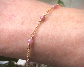 14k Gold Filled Pink Tourmaline Beaded Bracelet Dainty Pretty Handmade Gemstone May Birthstone