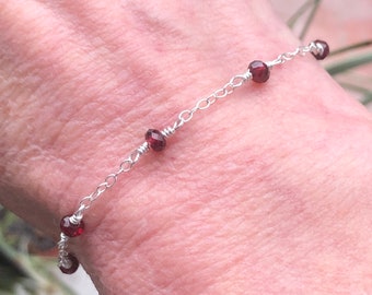 925 Silver Red Garnet Gemstone Beaded Bracelet January Birthstone 7" Length Dainty Handmade