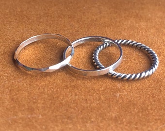 Sterling Silver Stacker Rings Set: Dainty Rope, Faceted, Plain (UK Size K)