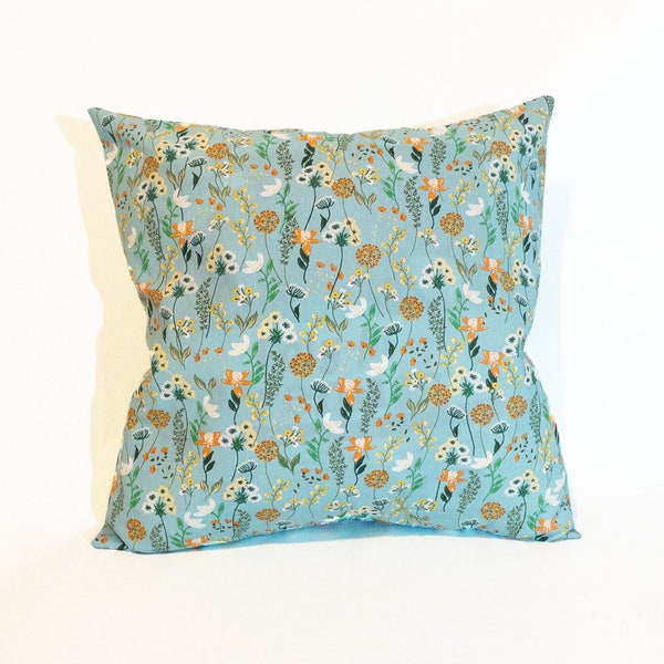 Handmade Light Blue Throw Pillow Cover with Orange Blossoms. Zipper Free and Machine Washable