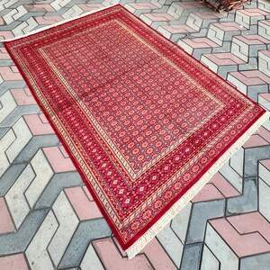 4x6 FT, Classic Handcrafted Pakistani Rug, Fine Wool Jewelry Lattice Pattern, Ruby Red Area Carpet, Timeless Floor Decor, Dining Room Rug