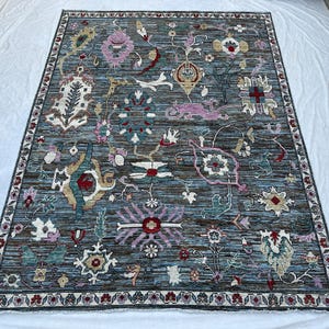 Grand Handknotted Slate Oushak Rug, 9x12 Ft, Floral Vine Design, Fine Wool, Master Bedroom Area Carpet, Large Area Rug