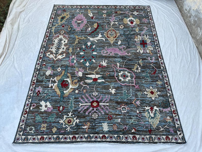 Grand Handknotted Slate Oushak Rug, 9x12 Ft, Floral Vine Design, Fine Wool, Master Bedroom Area Carpet, Large Area Rug