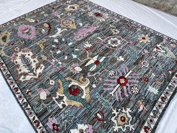 Grand Handknotted Slate Oushak Rug, 9x12 Ft, Floral Vine Design, Fine Wool, Master Bedroom Area Carpet, Large Area Rug