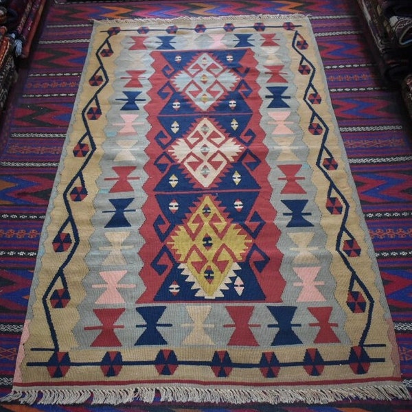 5'7 x 3'4 Ft Afghani Kilim with Tribal Aztec design with multiple color 175 x 105 Cm Traditional rugs free shipping