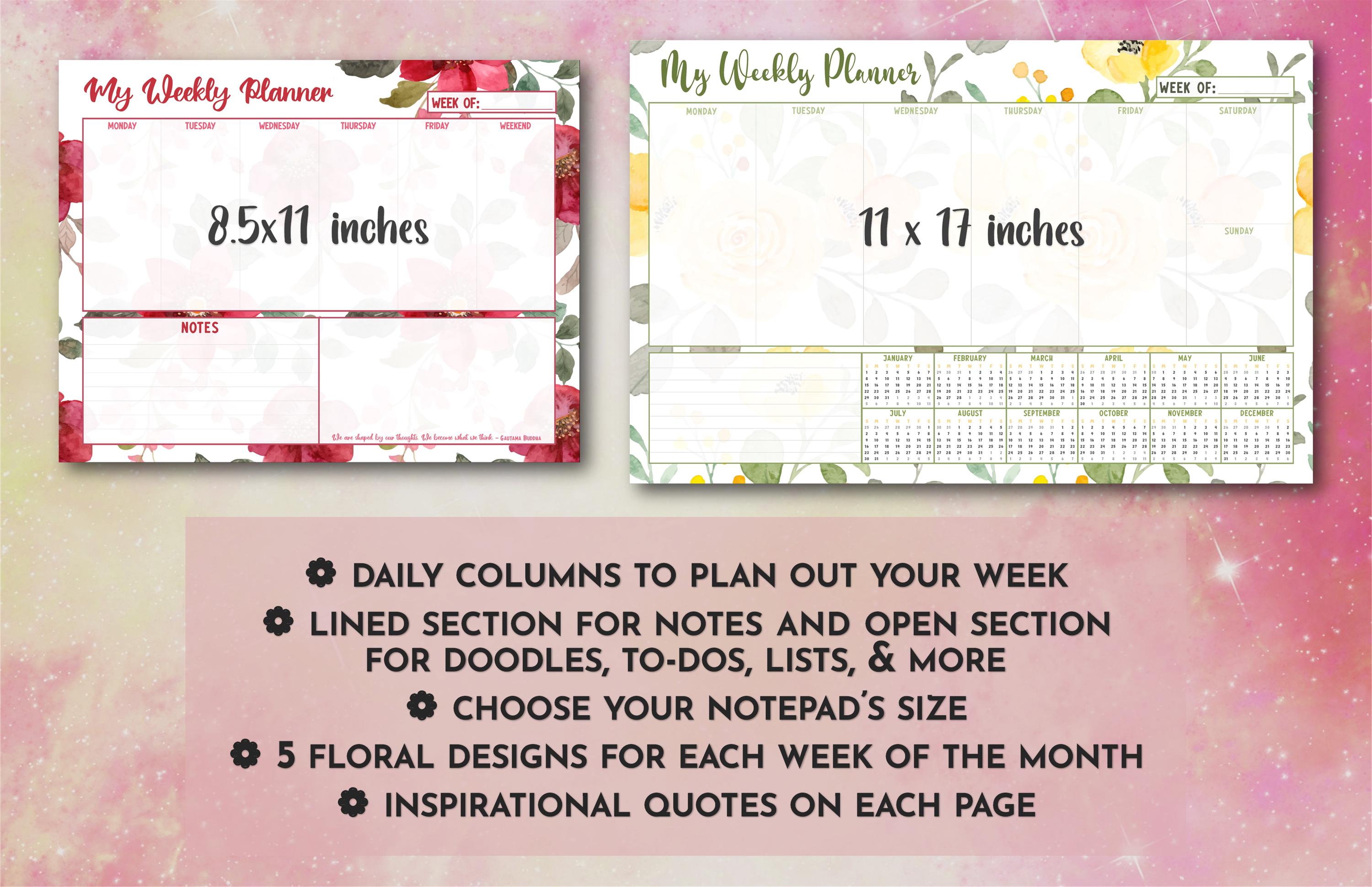 Floral Weekly Planner Desk Pad: Custom Notepad (11x17 or 8.5x11) - Etsy