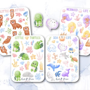 May include: Four sheets of stickers featuring watercolor illustrations of sea creatures. The sheets are titled "Little Otters", "Mermaid Life", "Little Turtles", and "Sea Life".