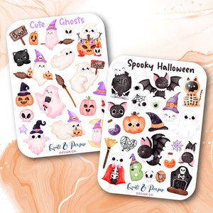 Spooky Halloween sticker sheets, Cute Halloween stickers, Kawaii ghost stickers, Halloween scrapbooking stickers, Halloween planner stickers