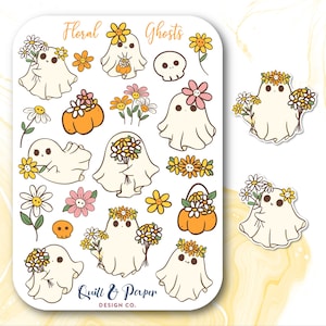 Floral ghosts sticker sheet, Cute Halloween ghost stickers, Boho ghost stickers, Halloween scrapbooking stickers, Halloween planner stickers