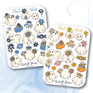 Floral ghosts sticker sheet, Cute Halloween ghost stickers, Boho ghost stickers, Halloween scrapbooking stickers, Halloween planner stickers