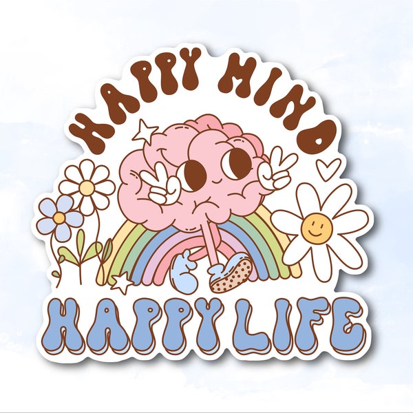 Happy mind happy life vinyl sticker, Retro mental health stickers, Happiness sticker, Mindfulness sticker, Mental health awareness gift