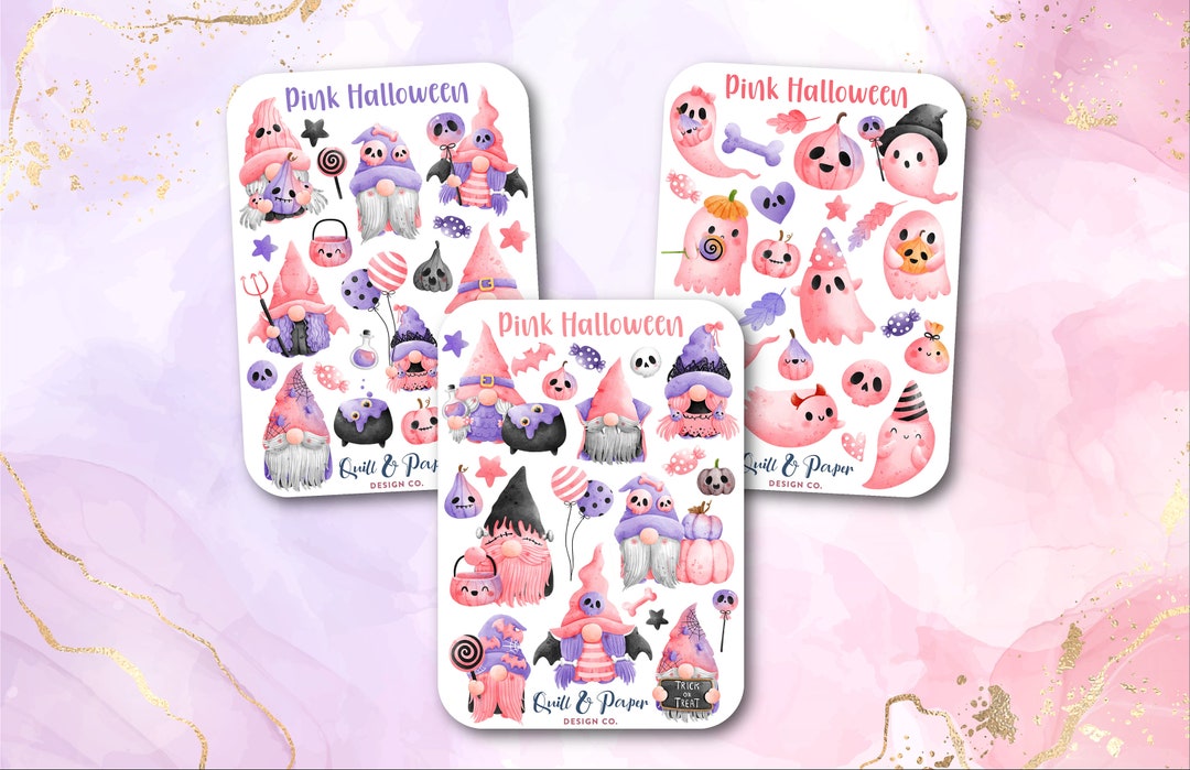 Pink Halloween Sticker Sheets, Halloween Gnome Sticker Sets, Kawaii