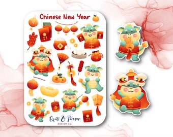 Chinese New Year sticker pack, Lunar New Year stickers, Year of the dragon sticker sheet, Kawaii dragon stickers, Happy New Year stickers