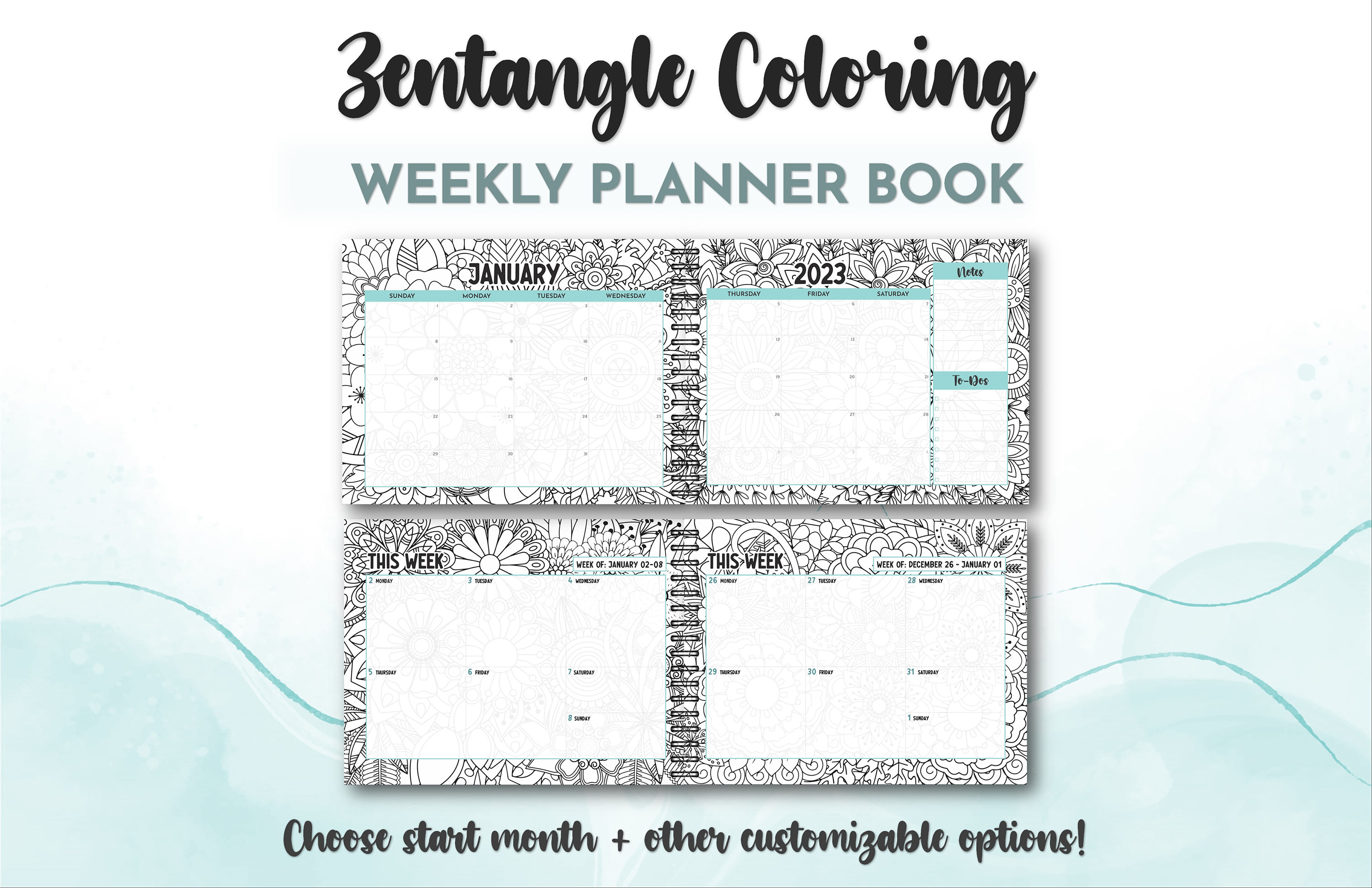 Zentangle Coloring Weekly Planner, Custom 2023-2024 Weekly Planner