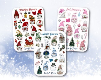 Holiday gnome sticker sheet, Christmas gnomes sticker pack, Santa gnomies, Pink Christmas stickers, Pretty Christmas stickers, Winter gnomes
