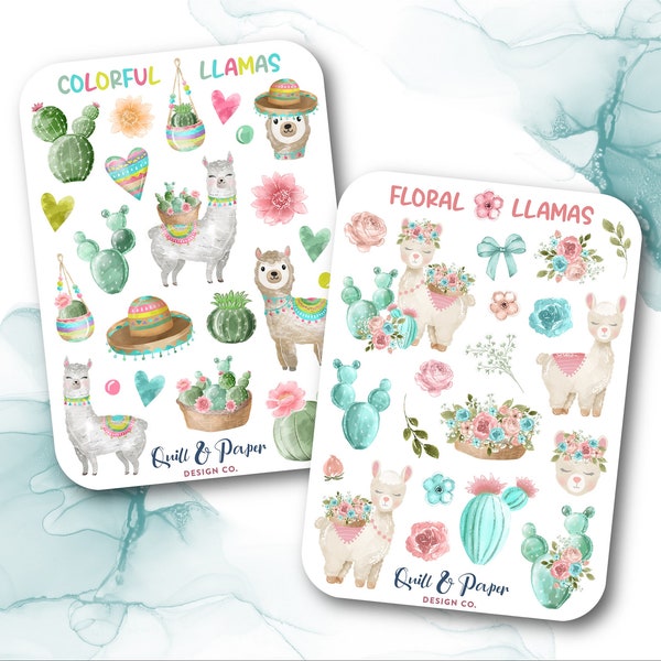 Cute llama sticker sheets, Llama animal stickers, Floral llama sticker sheet, Kawaii llamas, Llama planner stickers, Colorful fun stickers