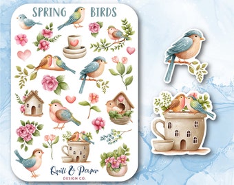 Spring birds sticker sheet, Spring scrapbooking stickers, Cute bird stickers, Spring animal stickers, Floral spring stickers