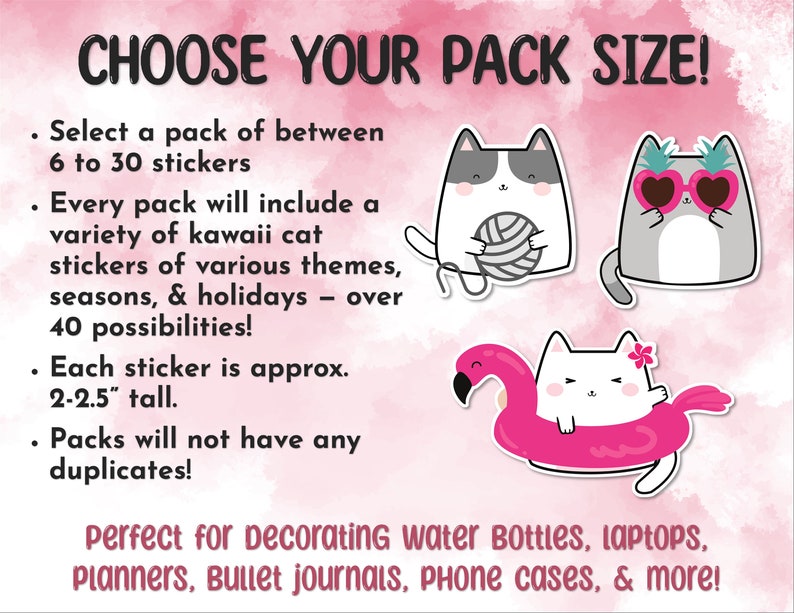 Kawaii cat sticker packs, Cute cat sticker, Surprise pack stickers, Kawaii sticker bundle, Colorful kawaii stickers, Stickers for cat lovers image 2