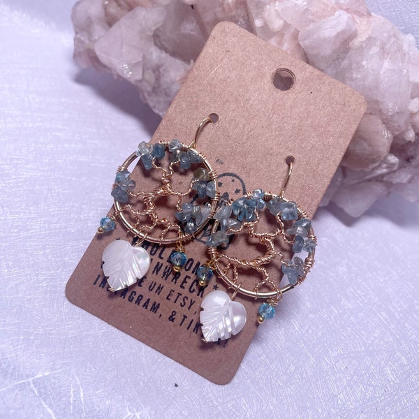 Blue Apatite on Gold Wire Tree with Teal Glass and Mother of Pearl Heart Earrings - 18k Gold Plated Ear Hooks