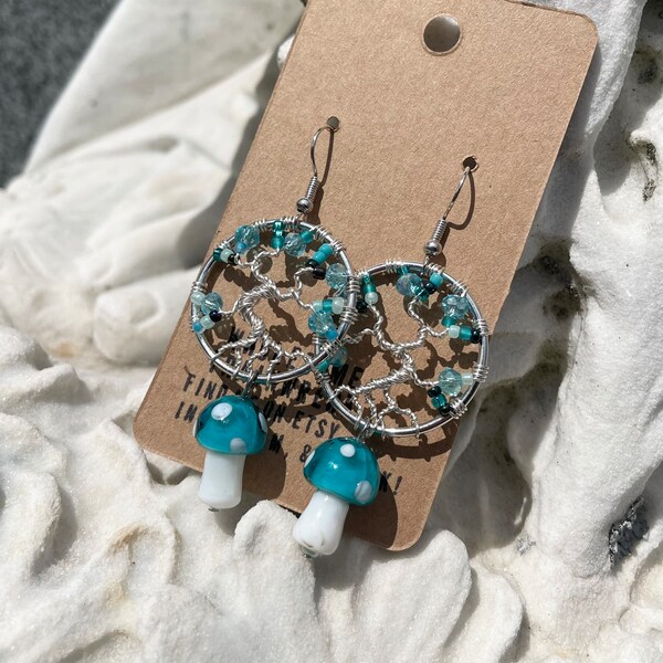 Teal on Silver Wire Tree with Teal and White Glass Mushroom Earrings - Steel Ear Hooks