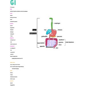 May include: Anatomy diagram of the human digestive system, including the esophagus, stomach, intestines, liver, and gallbladder. Labeled with medical terms like "Crohn's" and "Diverticulosis". The diagram is colorful, with each organ in a different color.