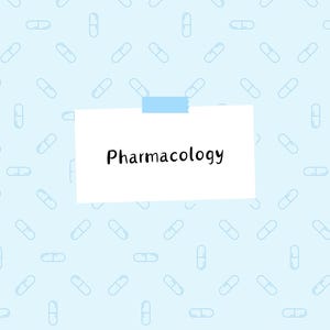 May include: A light blue background with a white note taped to the center. The note has the word "Pharmacology" written in black.