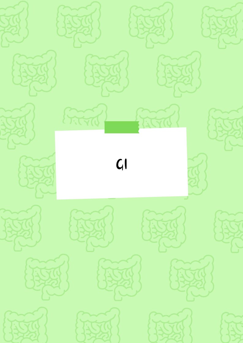 May include: A light green background with a pattern of light green intestines. A white sticky note is centered, held by a green piece of tape, with the letters "GI" in black. The image is a medical or educational illustration.