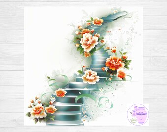 Flores coloridas en la escalera al cielo, imagen conmemorativa, programa funerario, en memoria de un ser querido, regalo de duelo, en nuestro corazón, descarga digital