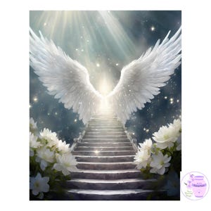 In Loving Memory Background With Large White Flowers, Stairway To Heaven, White Angel Wings, Memorial Design, Digital Download