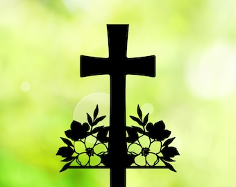 Cruz conmemorativa con flores SVG, estaca para lápida, en memoria de un ser querido, diseño de jardines, pérdida de un ser querido, estaca para entierro, descarga digital