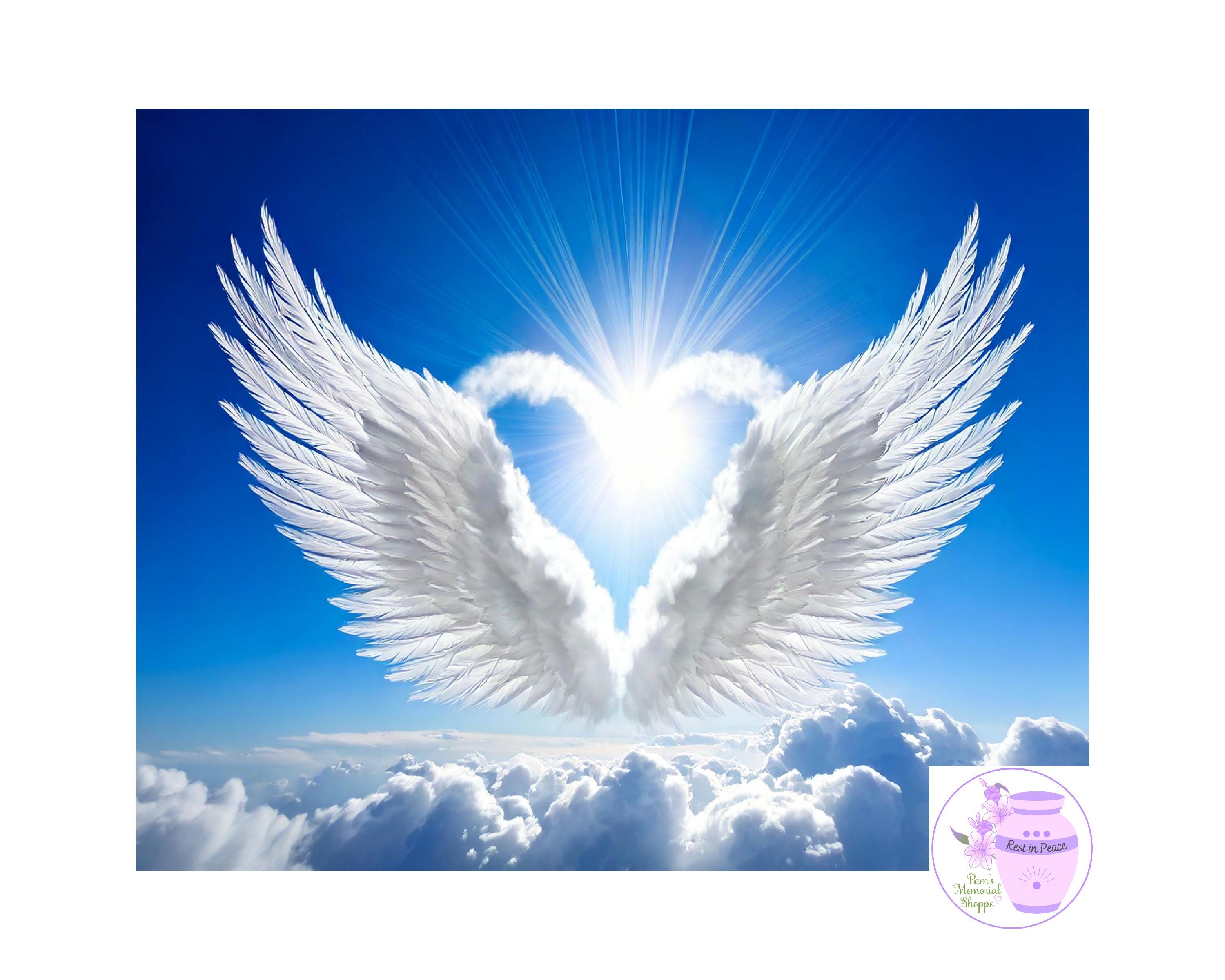 Memorial Image With Pure White Angels Wings, Cloud Heart, Ray of