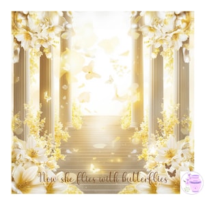 Puede incluir: Un fondo digital que muestra una escalera dorada flanqueada por columnas blancas y flores amarillas en flor. Hay mariposas dispersas por toda la escena. El texto "Now she flies with butterflies" aparece impreso en la parte inferior en cursiva.