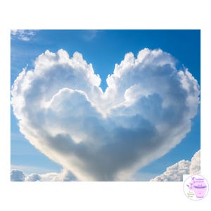 May include: A photograph of a heart-shaped cloud formation against a bright blue sky. The cloud is white and fluffy, with a clear outline of a heart. The sky is a vibrant blue, with a few other clouds visible.