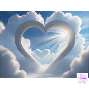 May include: A white heart-shaped archway in the clouds with a bright sun shining through the opening. The archway is made of stone and has a stairway leading up to it.